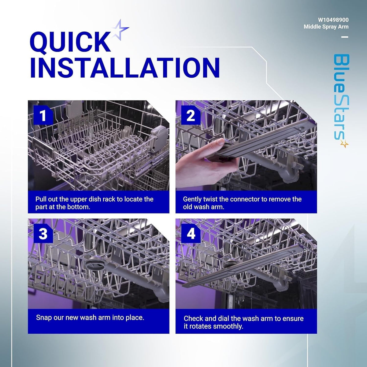 Four-step installation guide for W10498900 dishwasher middle spray arm replacement.