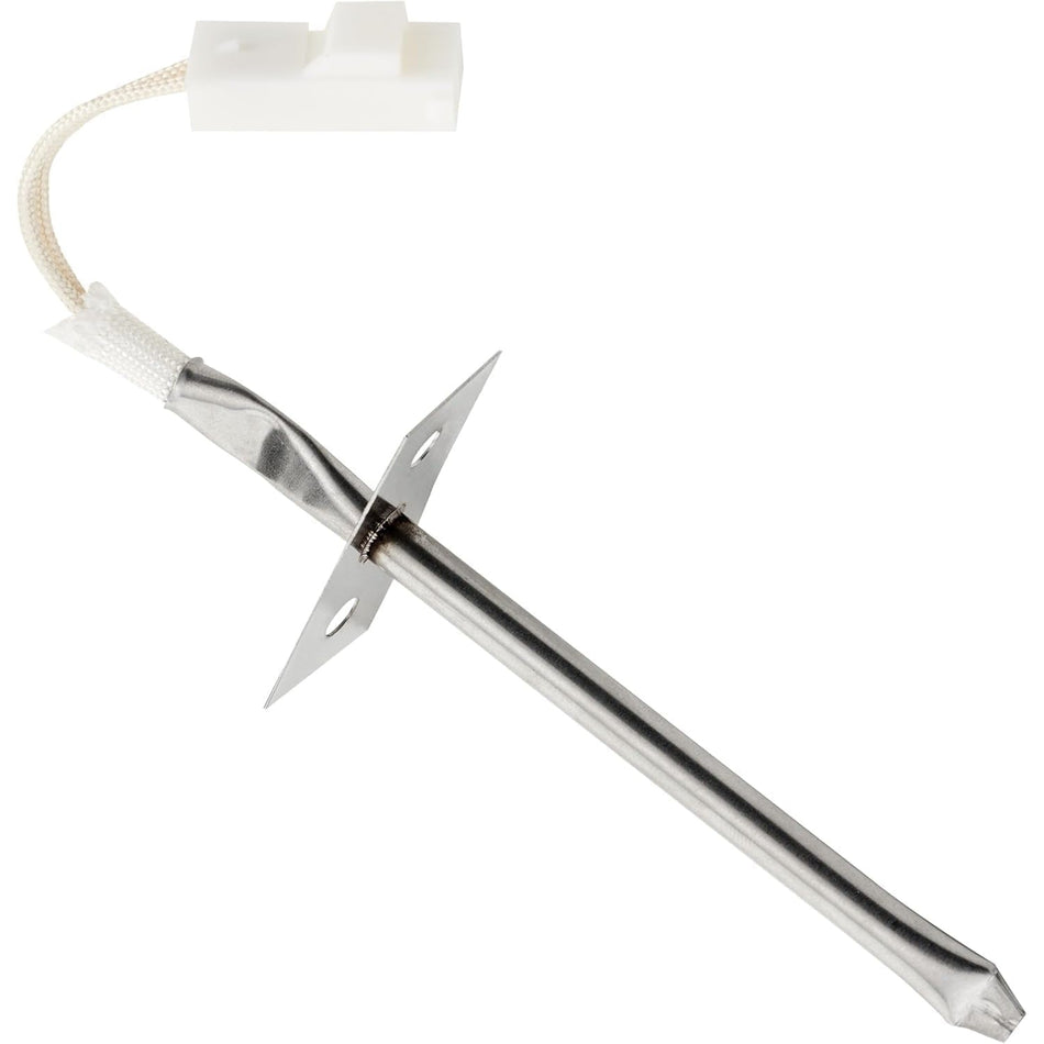Oven temperature sensor probe with mounting bracket and white wire connector for Frigidaire and Kenmore ranges.