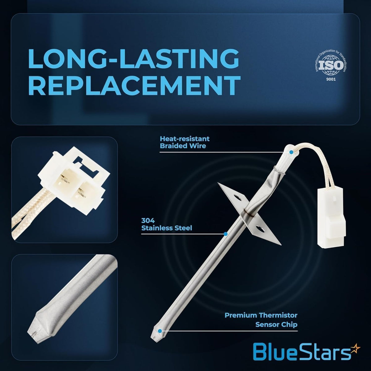Infographic showing 316233902 oven temperature sensor features including stainless steel, braided wire, and connector.