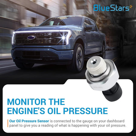 12677836 engine oil pressure sensor close-up view with promotional graphic and truck background.