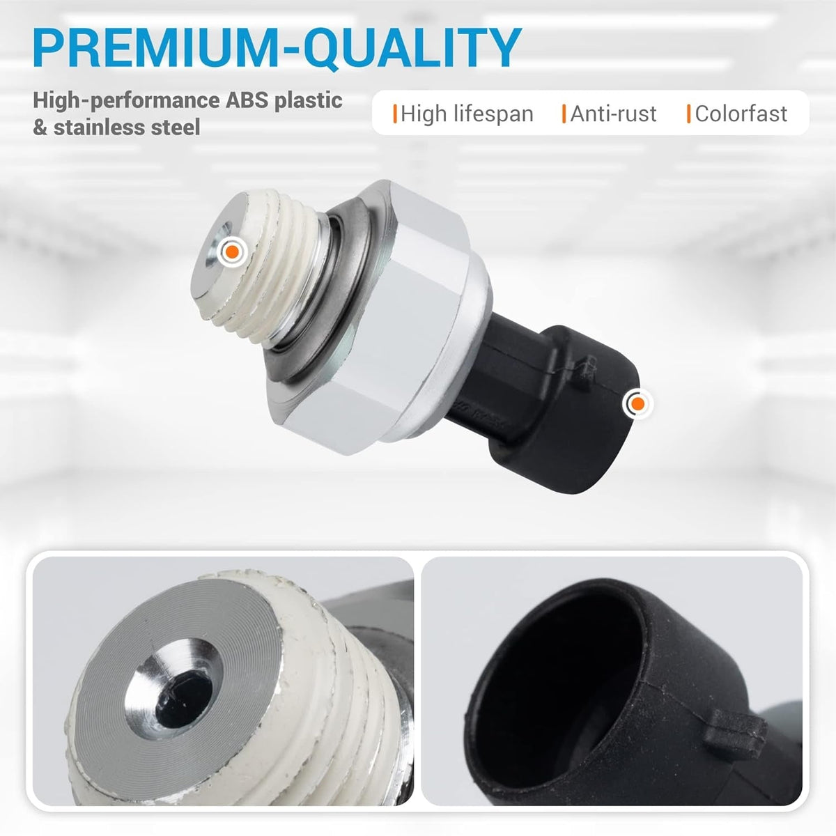 12677836 engine oil pressure sensor with close-up views of the threaded metal port and black plastic electrical connector.