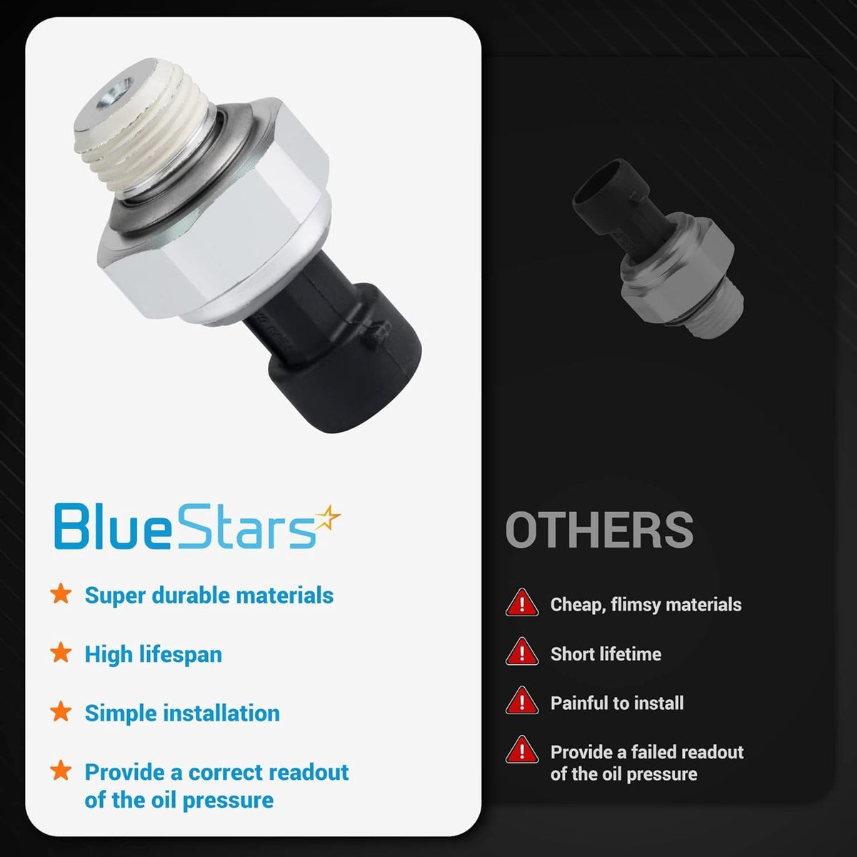 Comparison graphic showing 12677836 engine oil pressure sensor features versus generic alternatives.