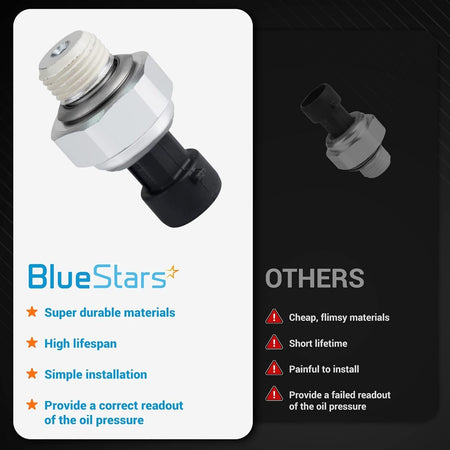 Comparison graphic showing 12677836 engine oil pressure sensor features versus generic alternatives.