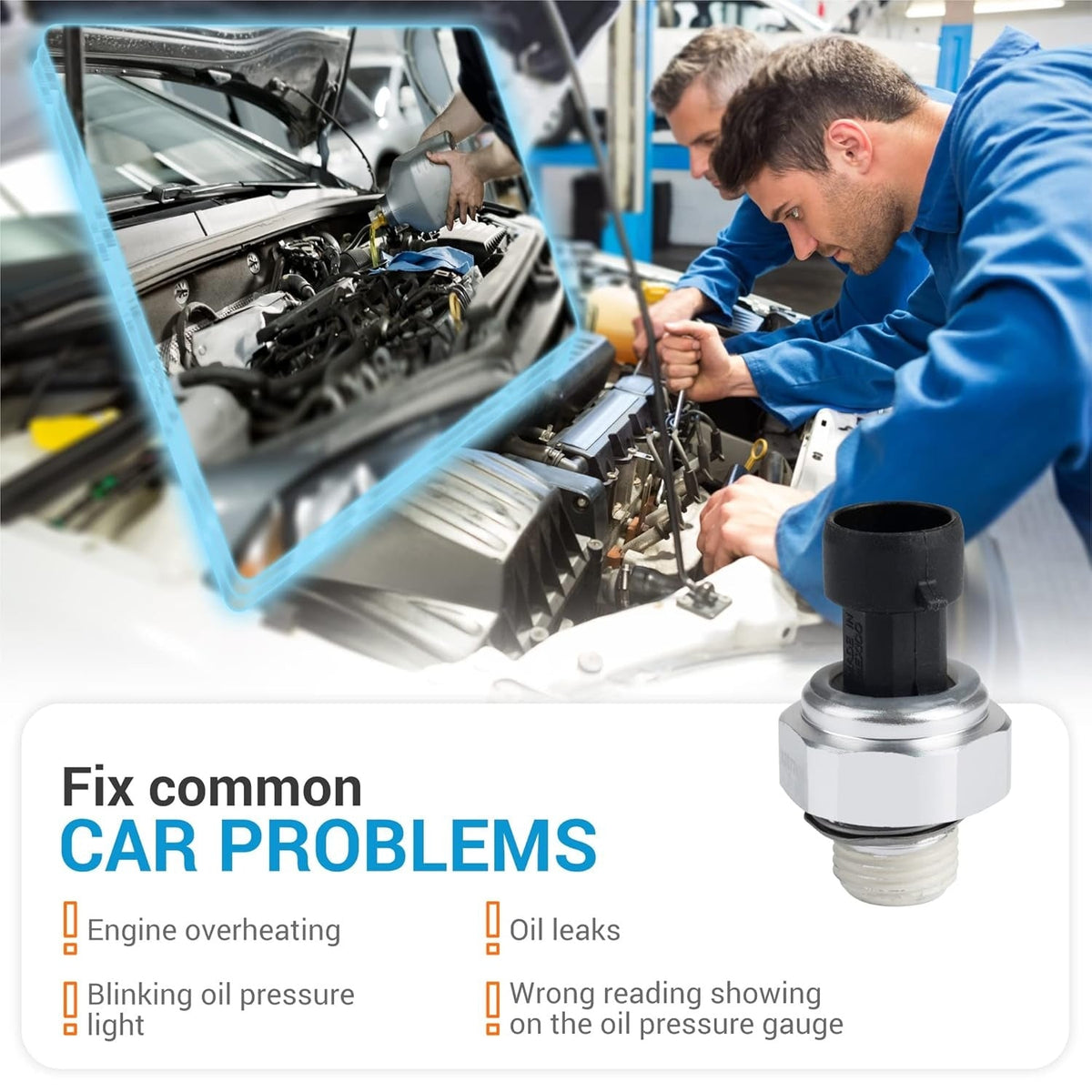12677836 engine oil pressure sensor shown next to a mechanic working on a car engine.