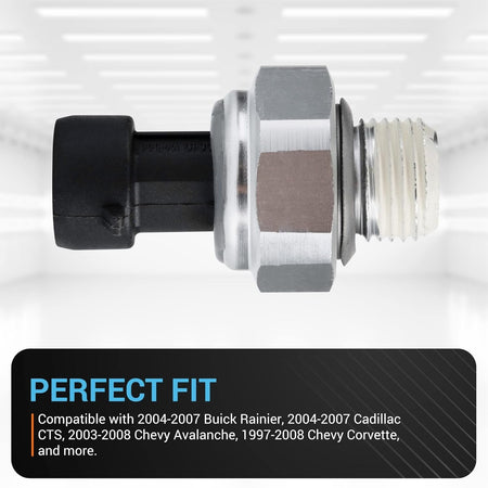 12677836 engine oil pressure sensor with black electrical connector and threaded metal housing.