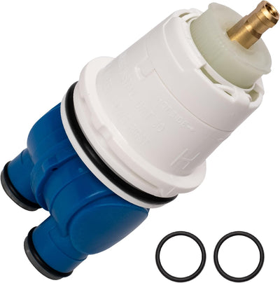 RP19804 pressure balance shower cartridge with white and blue plastic body and two replacement O-rings.
