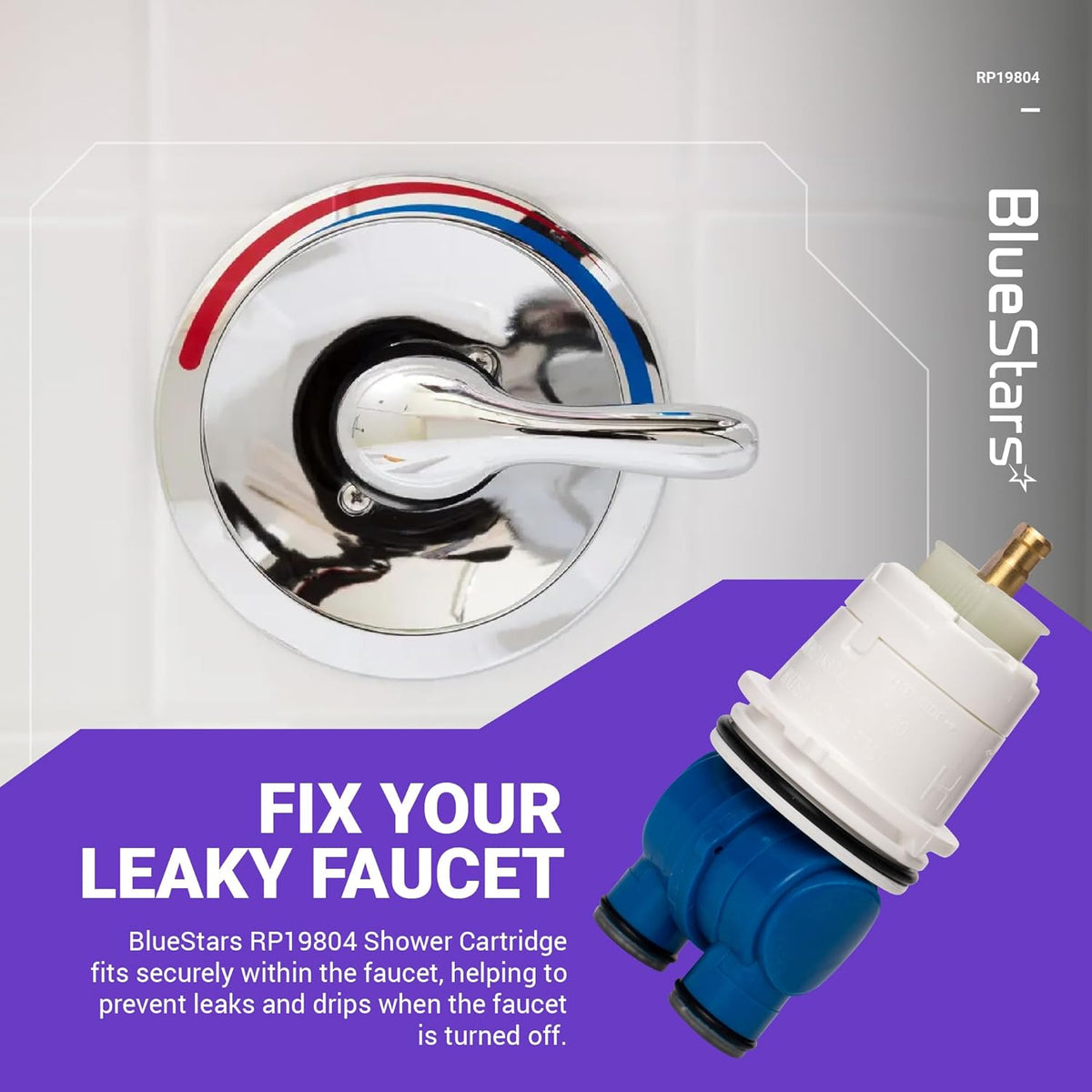RP19804 pressure balance shower cartridge shown next to a chrome shower faucet handle.