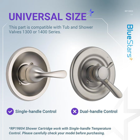 Comparison graphic showing RP19804 pressure balance shower cartridge compatibility with single-handle valve controls.