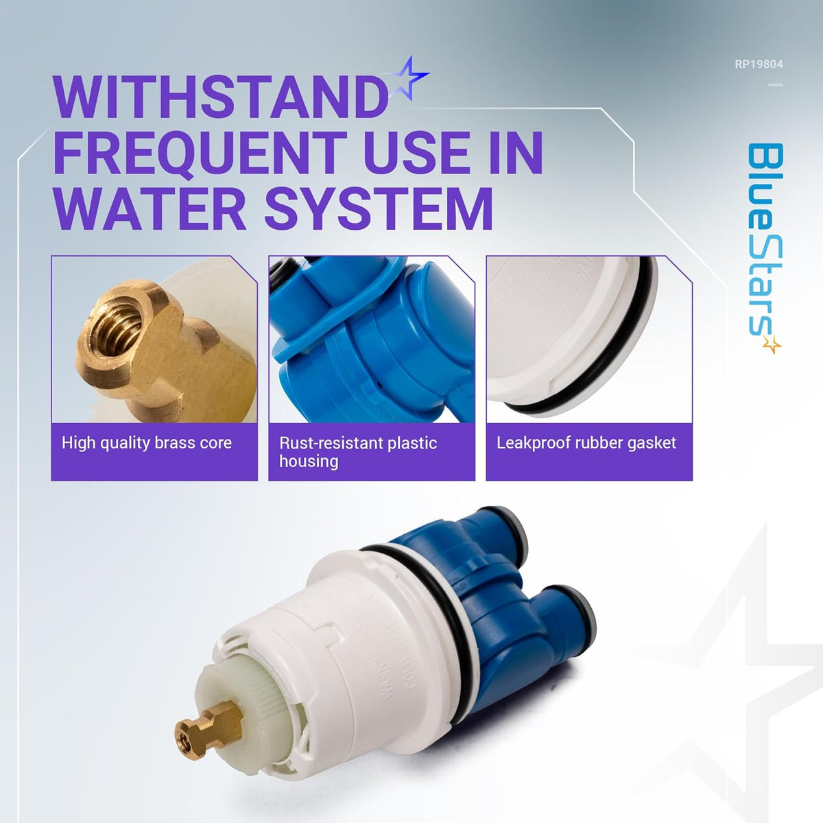 RP19804 pressure balance shower cartridge showing brass core, blue plastic housing, and rubber gasket details.