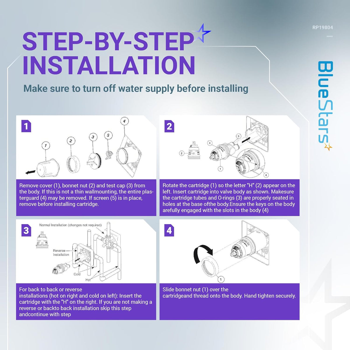 Step-by-step installation guide for RP19804 pressure balance shower cartridge.
