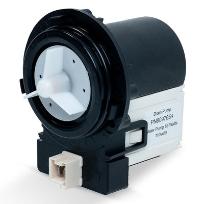 Replacement DC31-00054A washer drain pump motor with white impeller and 110V electrical connector.