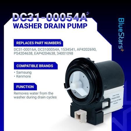 DC31-00054A washer drain pump motor for Samsung and Kenmore washing machines with technical specifications graphic.
