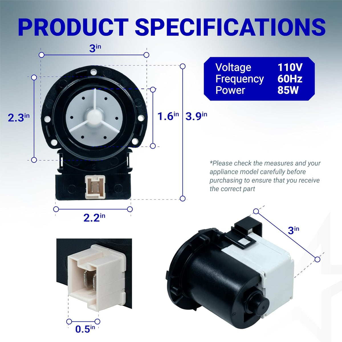 DC31-00054A washer drain pump motor technical specification diagram with dimensions and electrical ratings.