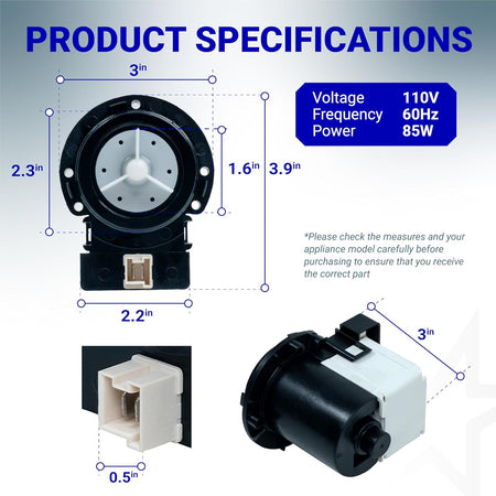 DC31-00054A washer drain pump motor technical specification diagram with dimensions and electrical ratings.