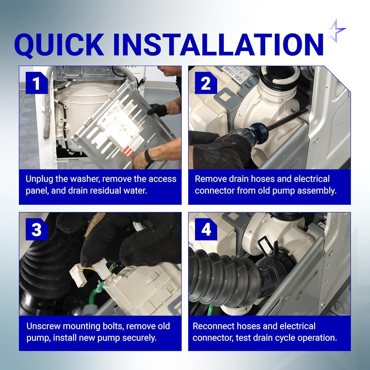 Four-step quick installation guide for DC31-00054A washer drain pump motor showing removal and replacement process.