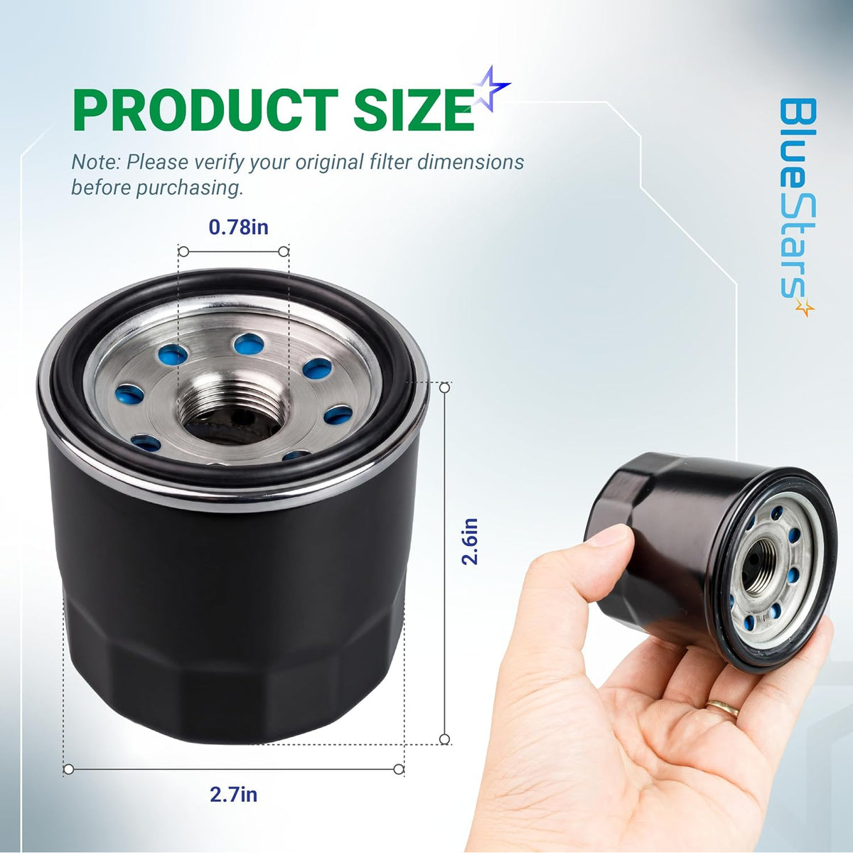 52114 Oil Filter product size diagram showing 0.78in opening, 2.61in height, 2.7in diameter, and hand-held view