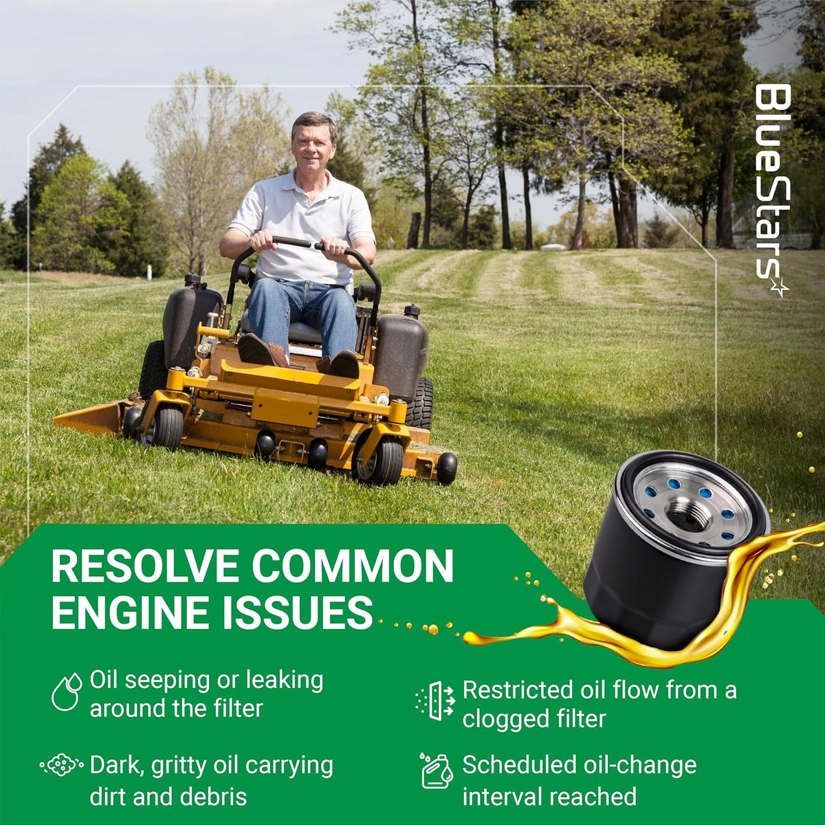 52114 Oil Filter promotional graphic showing a riding mower, oil filter, and common engine issues