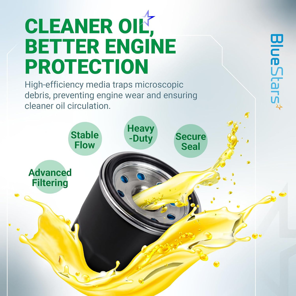 52114 Oil Filter graphic with black filter, yellow oil splash, and “Cleaner Oil, Better Engine Protection” text