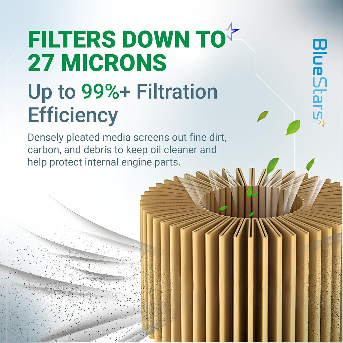 52114 Oil Filter, filtration infographic showing 27-micron filtering and pleated filter media