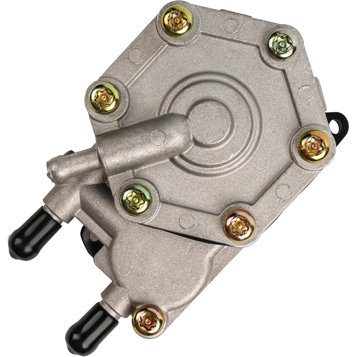 Top-down view of 2520227 fuel pump featuring a metallic housing with six gold-tone mounting screws and two black ports.