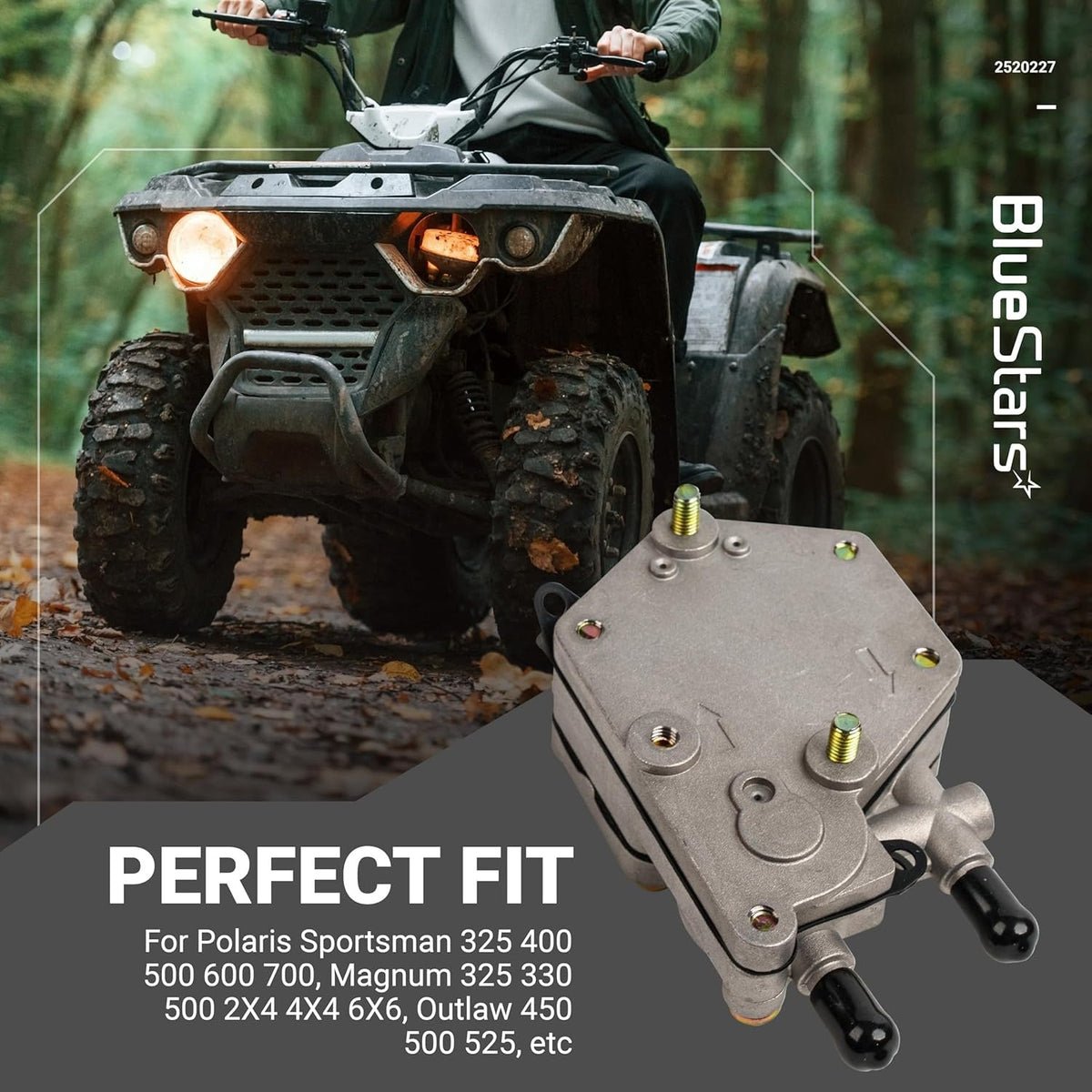 2520227 fuel pump replacement part for Polaris ATV models shown against a background of a rider on an ATV.