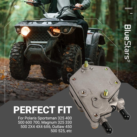2520227 fuel pump replacement part for Polaris ATV models shown against a background of a rider on an ATV.