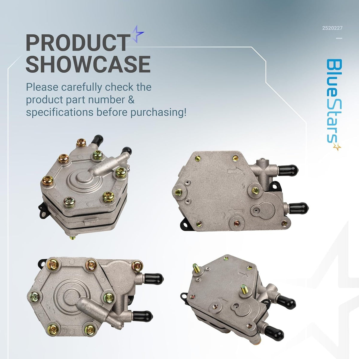 Multi-angle view of the 2520227 fuel pump showing front and side profiles.