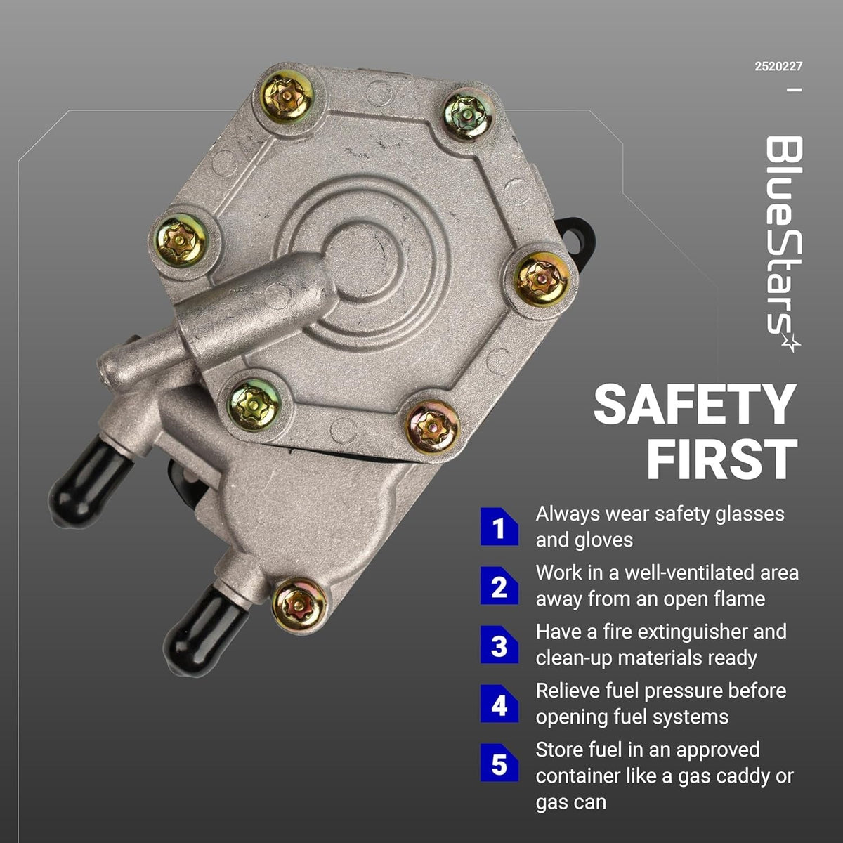 2520227 fuel pump replacement part with safety instructions graphic.
