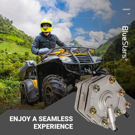 2520227 fuel pump replacement part shown in a promotional graphic with an ATV rider in the background.