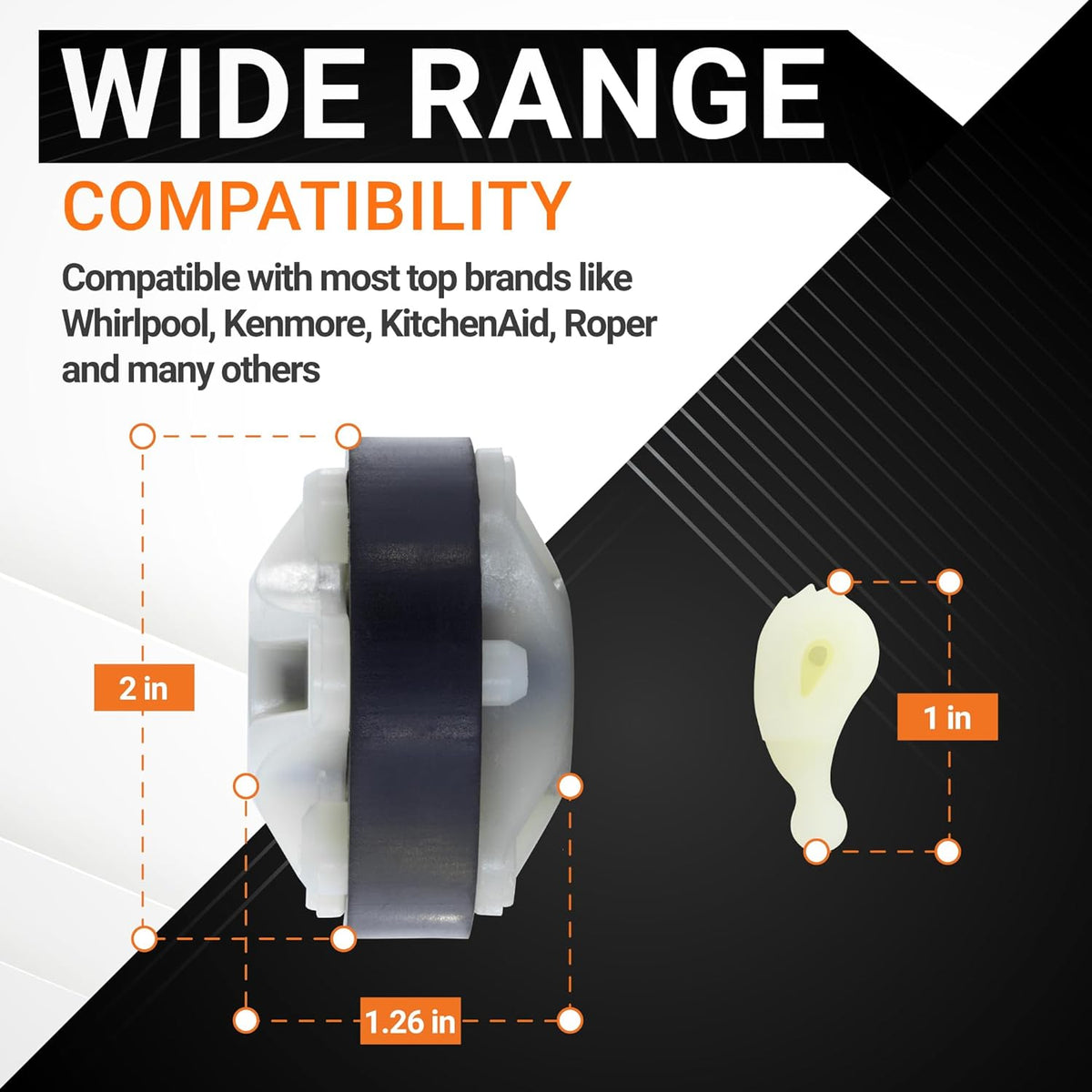 Dimensional diagram of washer direct drive motor coupling and agitator dog with compatibility information.