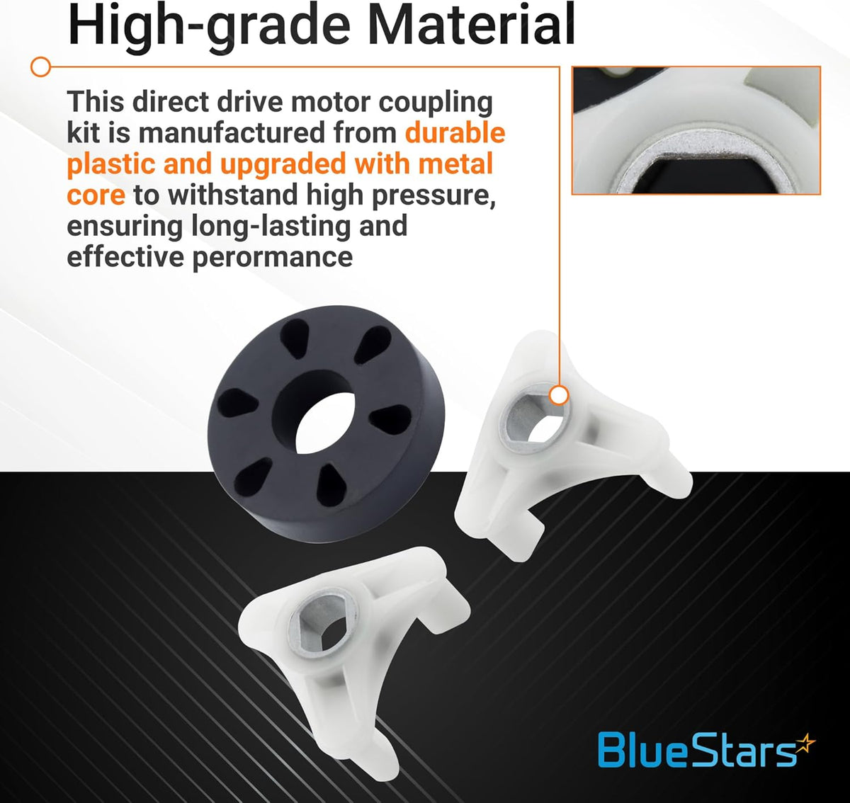 Direct drive motor coupling kit components with metal core for Whirlpool and Kenmore washers.