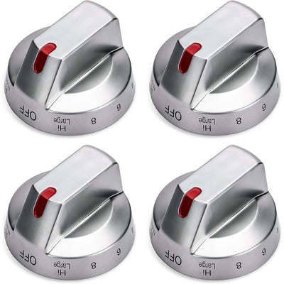 Set of four silver gas stove control knobs DG94-03500A/Z with red indicator lights.