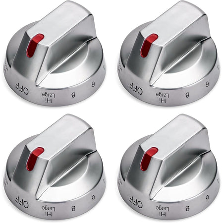 Set of four silver gas stove control knobs DG94-03500A/Z with red indicator lights.
