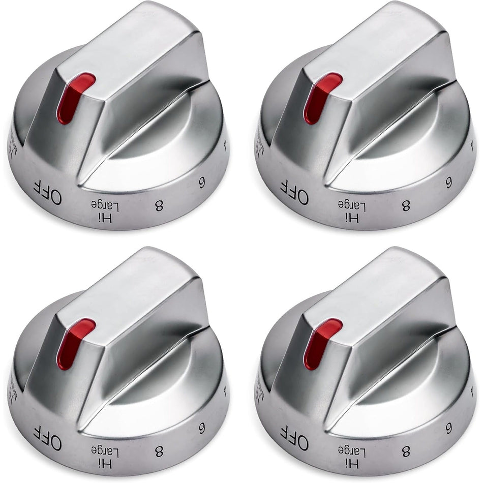 Set of four silver gas stove control knobs DG94-03500A/Z with red indicator lights.