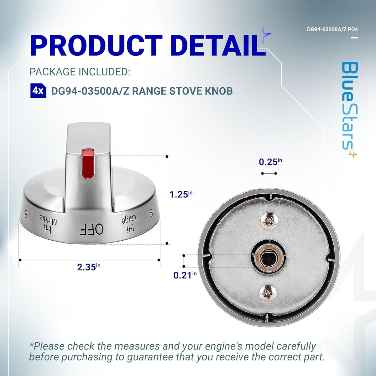 Dimensional diagram of DG94-03500A/Z gas stove knob showing front and back views with measurements.