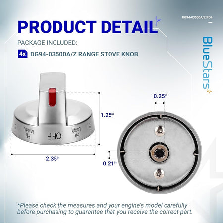 Dimensional diagram of DG94-03500A/Z gas stove knob showing front and back views with measurements.