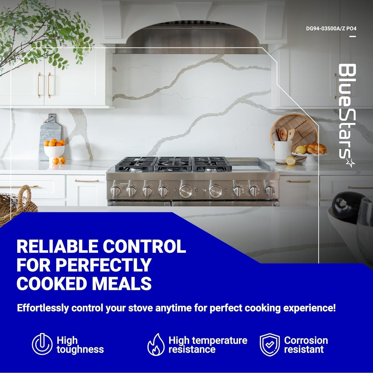 Promotional graphic for DG94-03500A/Z gas stove knob featuring a stainless steel range in a modern kitchen.
