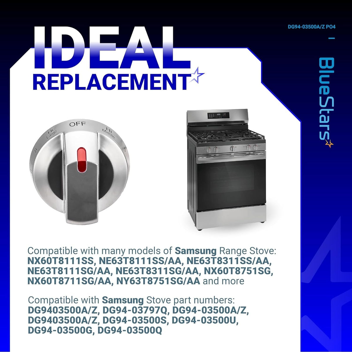 Replacement gas stove knob DG94-03500A/Z for Samsung range, featuring a silver finish and red indicator light.