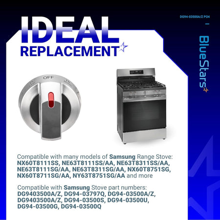 Replacement gas stove knob DG94-03500A/Z for Samsung range, featuring a silver finish and red indicator light.