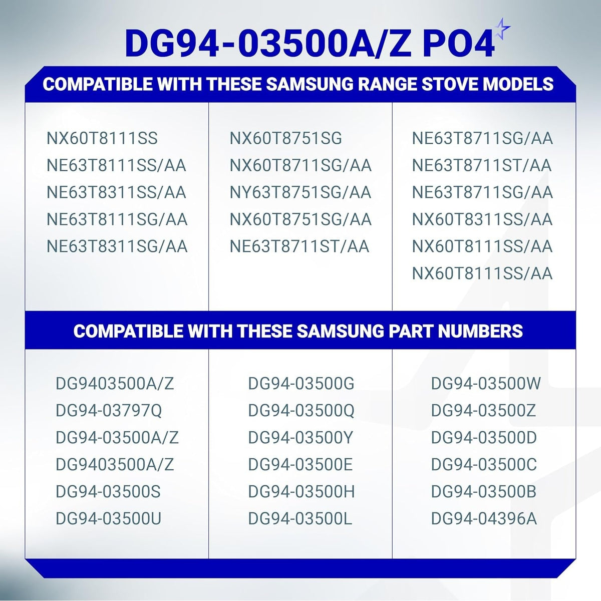 Compatibility chart for Samsung gas stove knob DG94-03500A/Z listing range models and part numbers.