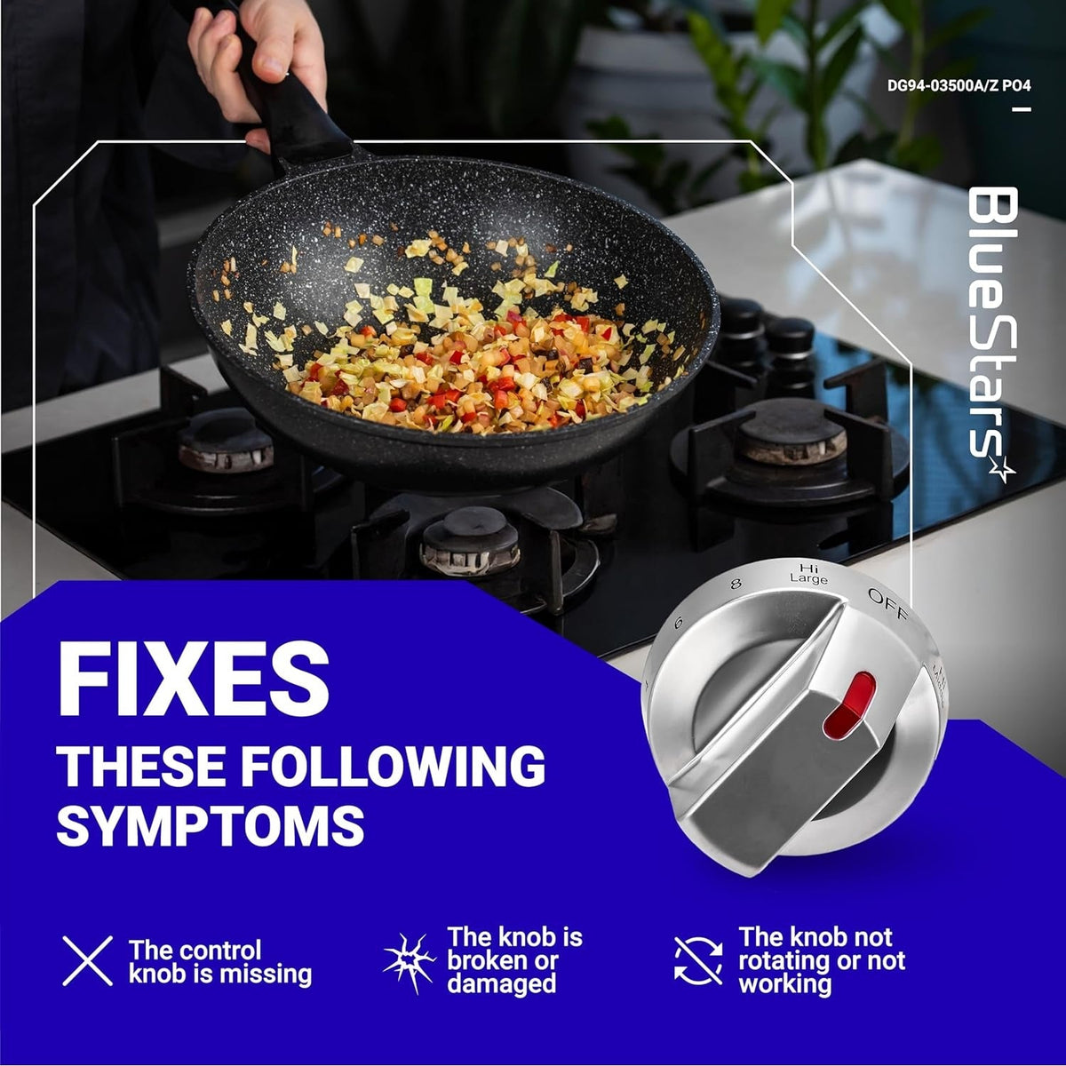 Replacement gas stove control knob DG94-03500A/Z shown in a product infographic for fixing broken or missing knobs.