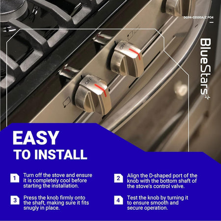 Stainless steel gas stove knob DG94-03500A/Z installed on a range control panel with installation instructions.