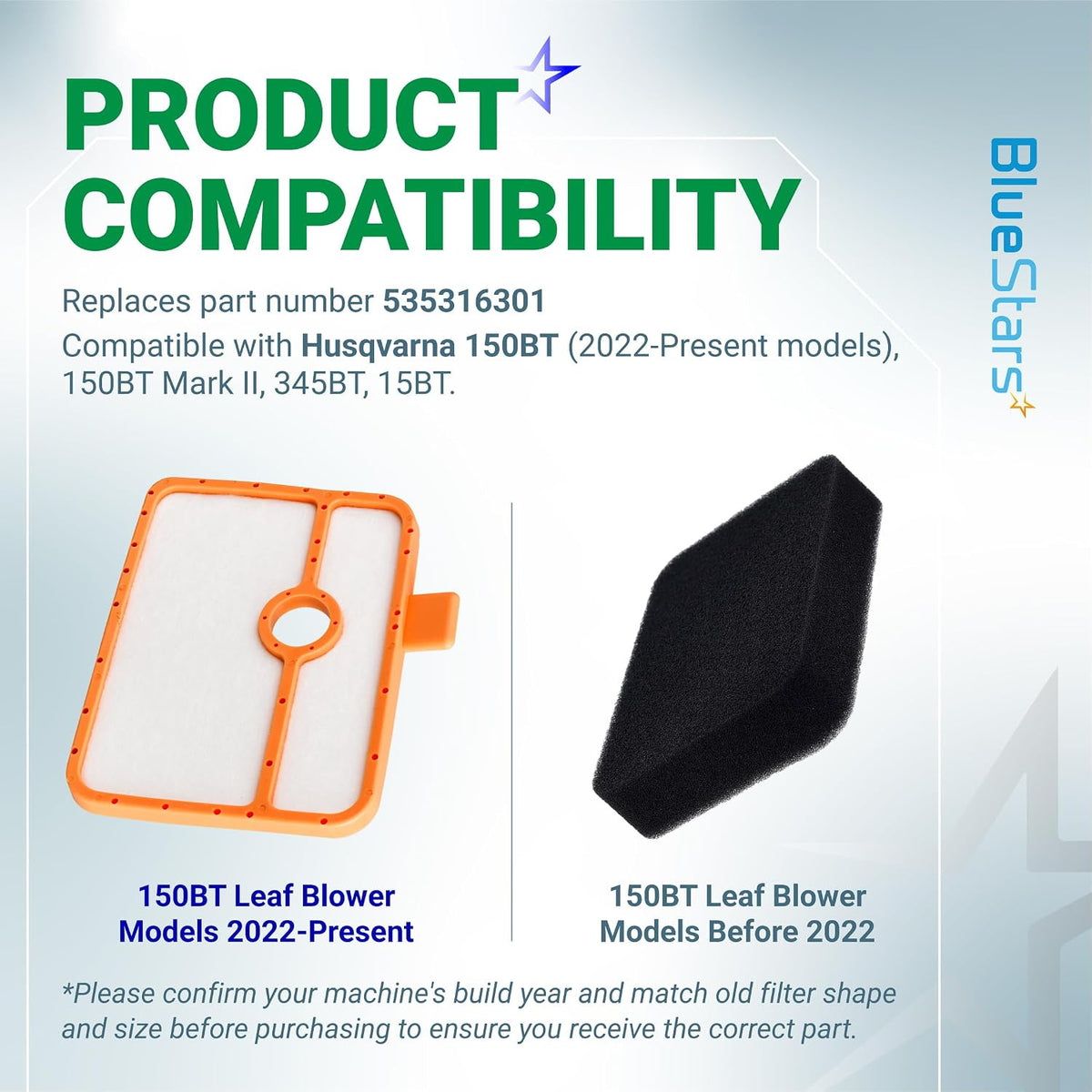 535316301 Air Filter, compatibility graphic showing orange and black filters for Husqvarna 150BT and 345BT