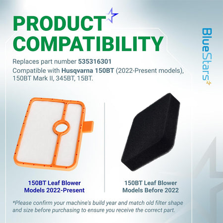 535316301 Air Filter, compatibility graphic showing orange and black filters for Husqvarna 150BT and 345BT