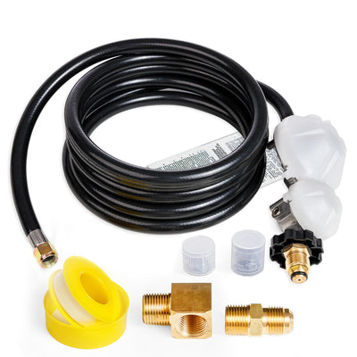 12 ft propane hose with regulator, brass fittings, and thread seal tape on a white background.