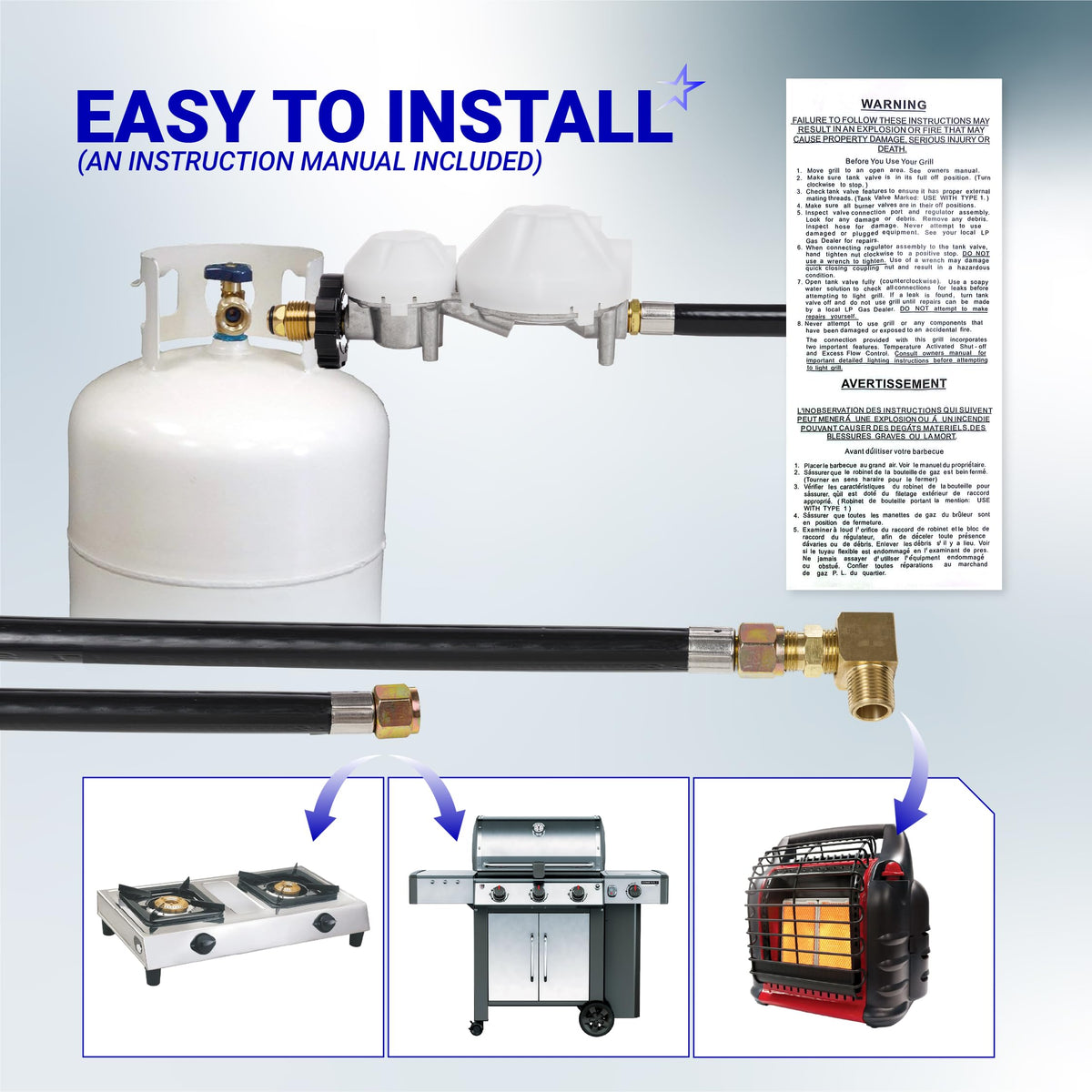 12 ft F273684 propane hose and regulator assembly with installation instructions and compatible appliance examples.