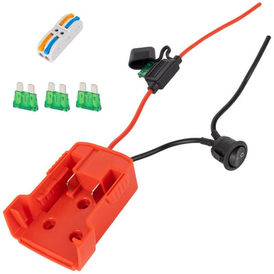 Red Milwaukee M18 battery adapter for Power Wheels with inline fuse, toggle switch, wire connector, and spare fuses.