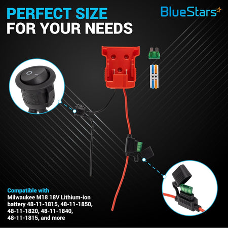 Red Power Wheels adapter for Milwaukee M18 battery with inline fuse and power switch components.