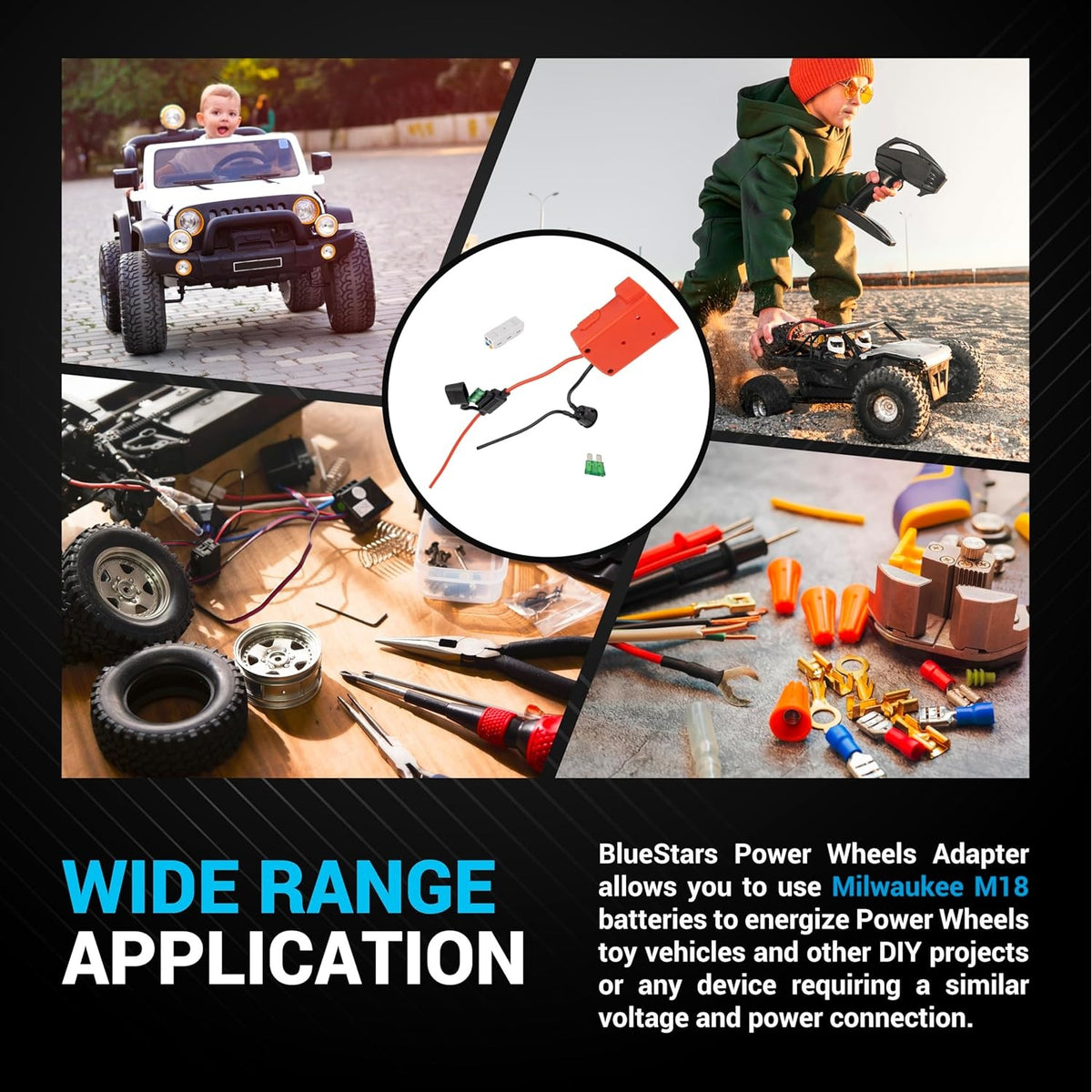 Red battery adapter for Milwaukee M18 Power Wheels conversion with wiring and fuse shown in a lifestyle collage.