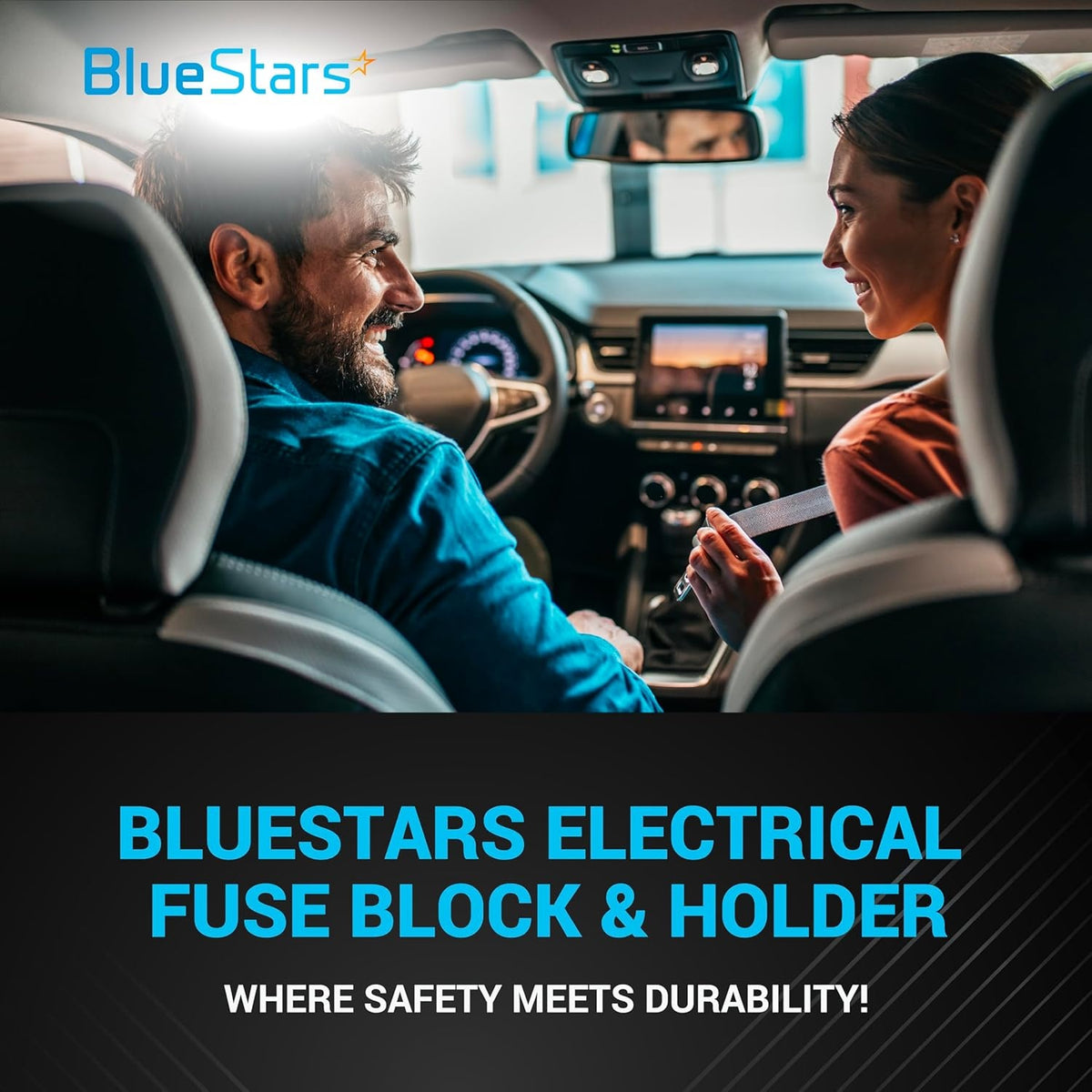 BlueStars promotional graphic featuring a couple in a car with text for an electrical fuse block and holder.